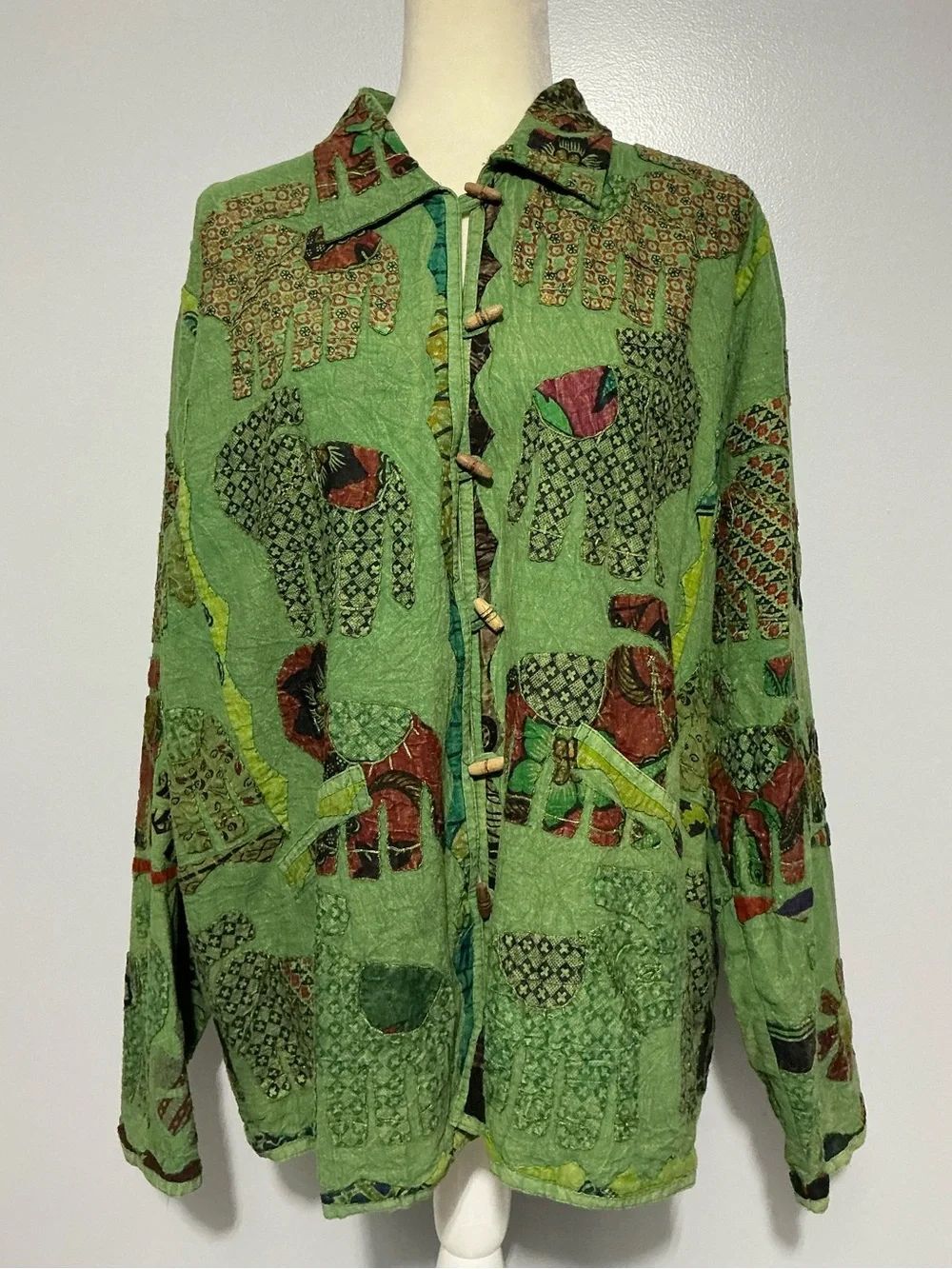 Tropical Elephants Boho womens wood toggle Jacket Patchwork Womens Green L/XL